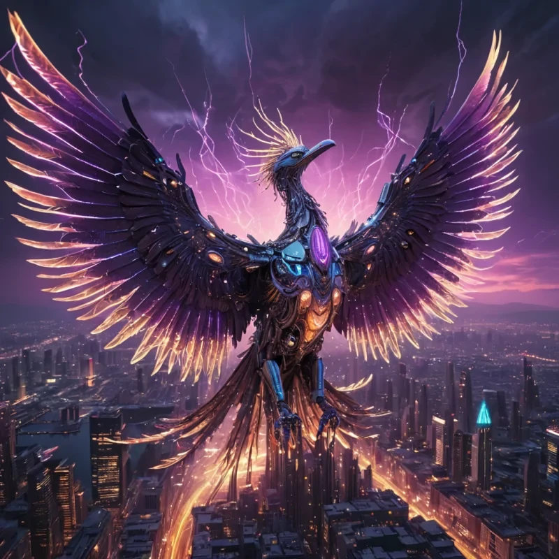 An ancient, colossal, mechanical phoenix, its metallic feathers adorned with intricate, pulsating neon circuits, descends from a stormy, amethyst sky, leaving a trail of iridescent, otherworldly contrails. Below, a labyrinthine, neonlit cityscape sprawls, its towering, obsidian spires reflecting the phoenixs ethereal glow. Suspended within its transparent, bioluminescent belly, a holographic, sentient, mechanical swarm of butterflies dances, casting ephemeral shadows on the citys inhabitants sentient, robotic, avian creatures. Rendered in ultra HD, with dynamic lighting, atmospheric effects, and a subtle b