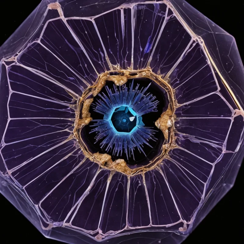 A microscopic, crosssection view of a single, colossal, translucent seed pod embedded within a dense matrix of interlocking, rigid, hexagonal prisms made of polished, dark violet obsidian. The pod is split open, revealing a complex, internal architecture of spiraling, fibrous strands in a pale, bonewhite hue that radiate outward from a central, dense, spherical core of pulsating, soft peachcolored bioluminescent fluid. The hexagonal prisms surrounding the pod are not uniform some are intact and glossy, while others are fractured, with their broken edges glowing with a faint, electric blue heat signature, indicating recent structural stress. Tiny, dustlike particles of metallic gold float in the stagnant air within the gaps between the