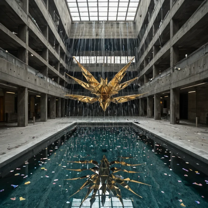 A horizontal, eyelevel shot of a vast, sundrenched atrium within a brutalist concrete structure, where the floor is a shallow pool of clear water reflecting the ceilings grid of skylights. Suspended above the water are hundreds of floating, geometric origami cranes crafted from iridescent, metallic foil that shifts between copper and gold depending on the angle of light. In the center, a large, spherical fountain made of polished black basalt sprays water in perfect, synchronized arcs, with each droplet refracting light into tiny prisms. A figure in a sleek, white lab coat stands at the edge of the pool, carefully adjusting a mechanical arm made of slender brass tubes that delicately holds one of the floating cranes