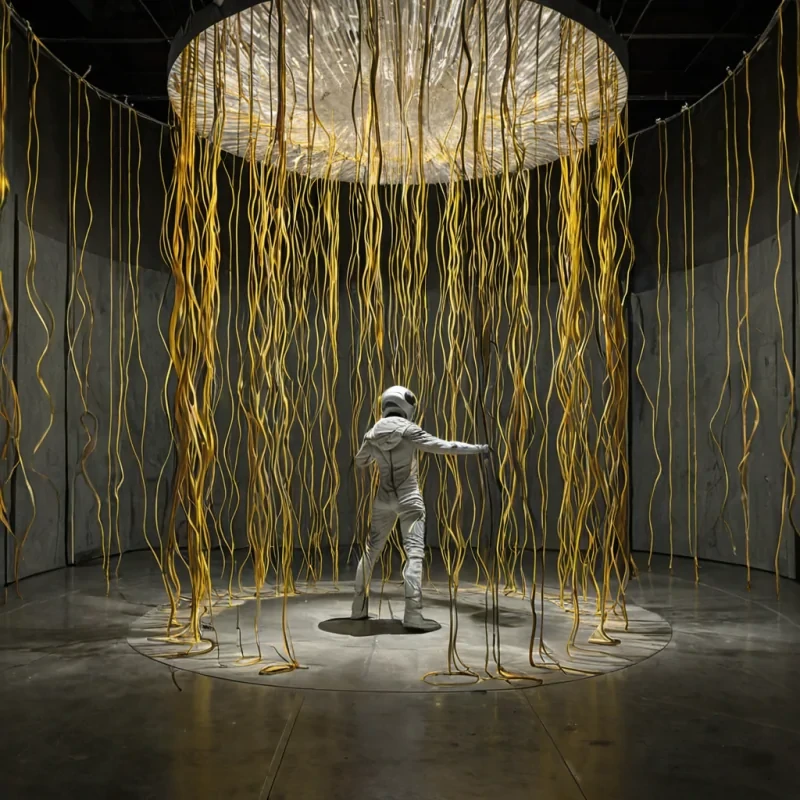 A vertical, eyelevel medium shot of a solitary artisan crafting intricate, floating tapestries from strands of solidified sound waves within a circular, soundproof chamber lined with acoustic foam tiles in varying shades of muted charcoal and sage green. The artisan, wearing a sleek, white ceramic exoskeleton suit with glowing amber joints, uses a pair of slender, tuningforklike instruments to pluck and weave the visible, undulating ribbons of light that hang in midair, each ribbon representing a distinct musical note in vibrant gradients of electric blue, magenta, and golden yellow. The room is illuminated by a soft, diffused overhead glow that casts long, gentle shadows on the polished concrete floor, while tiny, floating spheres of pure silence