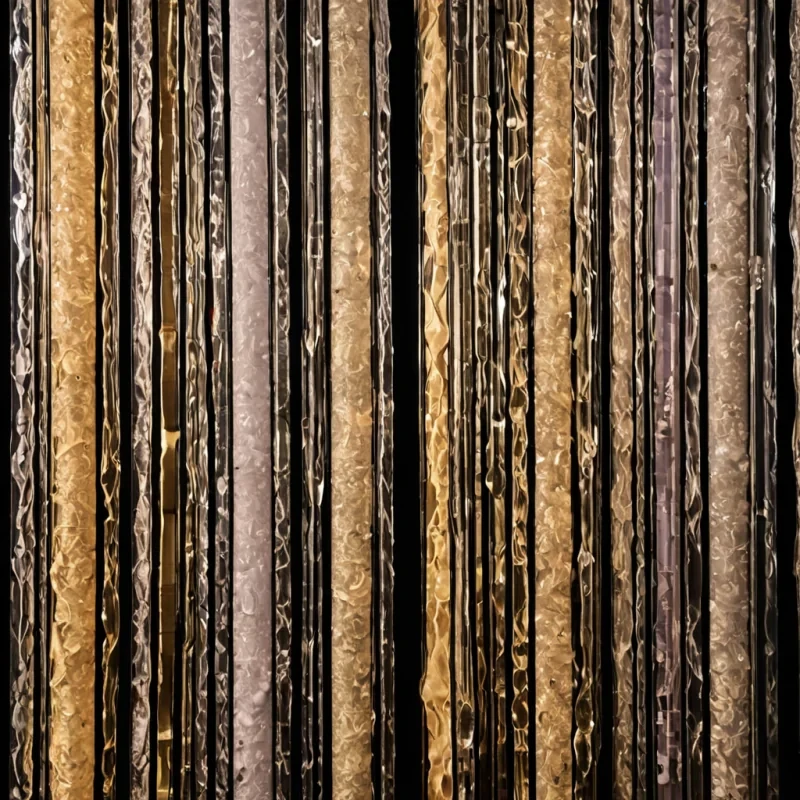 A vertical, ultramacro photograph of a dense, vertical forest of rigid, cylindrical columns made of compressed, translucent sugar glass in varying shades of pale amber and clear white, rising from a flat, matte black surface. The columns are not uniform some are twisted into tight helical shapes, while others remain straight but are fractured horizontally, with the broken ends perfectly aligned to create a stepped, pixelated skyline effect. Interspersed among the glass columns are delicate, intricate structures of dried, translucent lace made from a synthetic, biopolymer material in a soft, dusty lavender hue, draped over the glass like delicate, geometric nets. The lighting is backlit and diffused, creating a warm, golden glow that penetrates the glass
