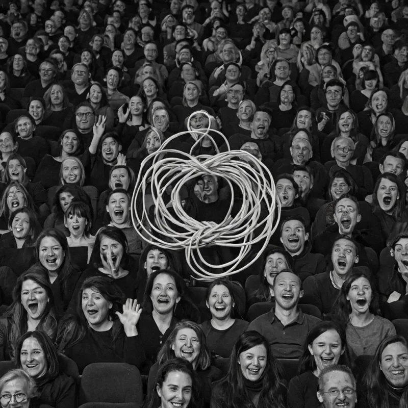A single, selfilluminating tangle of reversed laughter, shaped like a 4,219dimensional knot of unformed joy and inverted mirth, pulses at the center of a vast, inverted theater of solidified silence  each seat carved from the exact moment between a joke being told and its refusal to be heard, a smile forming on lips and dissolving into nonaffective stillness, a hand raised in applause and collapsing into pure, unmeasured nonacknowledgment. The tangle does not generate sound  it ungenerates it, each unraveling strand shedding a layer of emotional resonance that never coalesced into shared amusement, reforming into ephemeral, rosegoldthreaded afterimages shaped like