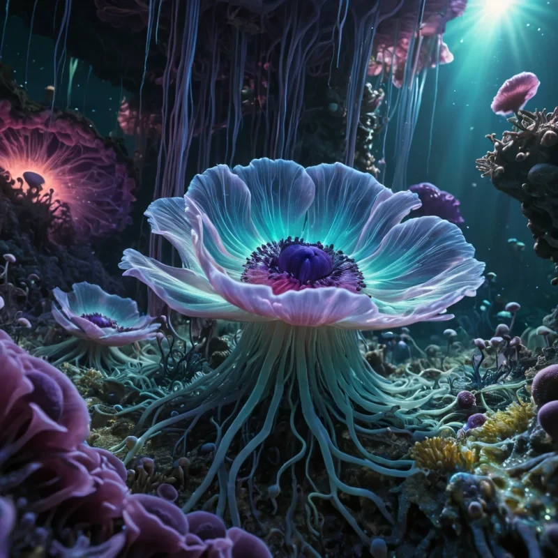 Photorealistic, colossal, undulating, iridescent, anemone metropolis, its hyperrealistic, 4K, velveteen structures revealing ultra HD glimpses of a pulsating, bioluminescent, alien world within. Volumetric lighting from unseen, pulsating, bioluminescent sources etches the citys ethereal, fractal towers, casting intricate, dynamic, shimmering shadows on the inverted, reflective surface. Cinematic lighting bathes the scene in vibrant, otherworldly hues, with lens flare emphasizing the citys central, radiant, throbbing, anemone heart, pulsating with captive, alien, aquatic life.