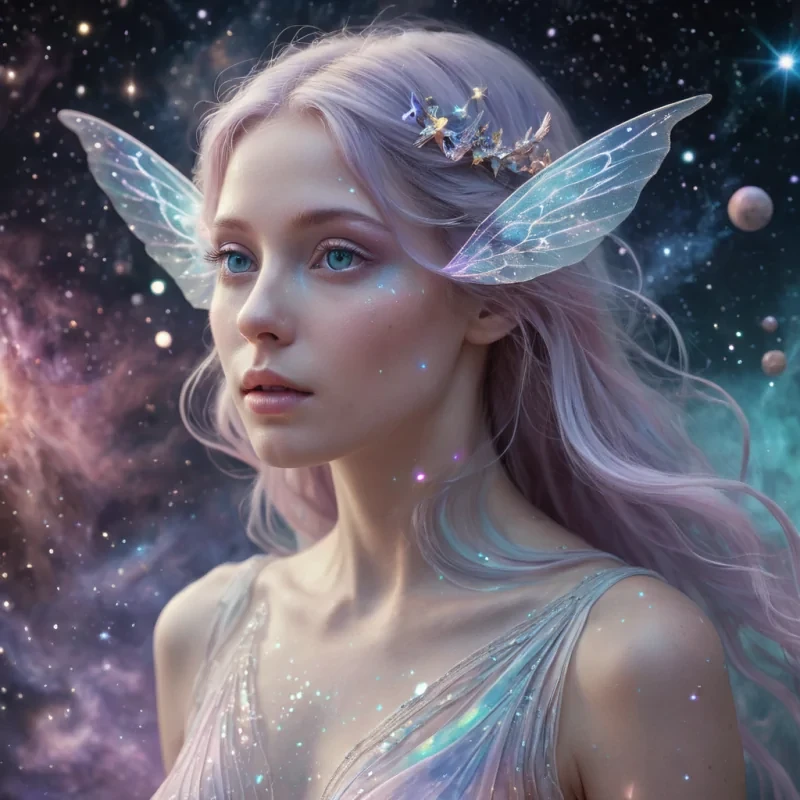 A hyperrealistic, 4K, ultra HD portrait of a luminescent, ethereal being with iridescent, opalescent skin and eyes that shimmer like starlight. The beings diaphanous, gossamer wings flutter gently, leaving trails of stardust in their wake. The background is a nebula of swirling, pastel hues, with distant galaxies and planets casting a soft, ethereal glow. Cinematic lighting accentuates the beings otherworldly features, while a subtle bokeh effect blurs the cosmic backdrop, creating a dreamlike atmosphere.