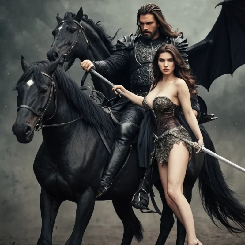 A modern handsome evil king has gotten chubby and grown a little beard with a sword in his hand dressed very nice with beautifully dressed beautiful brunette women with long hair all on black horses fighting a dragon