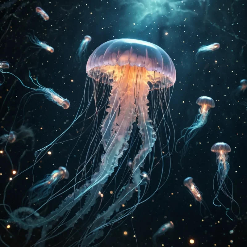 A luminescent jellyfish floating in the void of space, its tentacles trailing stardust, surrounded by a swarm of bioluminescent fireflies, hyperrealistic, ultra HD, cinematic lighting, volumetric lighting, atmospheric effects, soft focus, pastel tones, detailed textures.