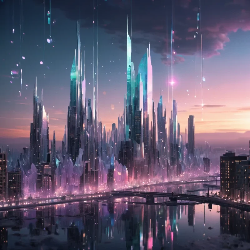An ethereal, crystal city suspended in a perpetual twilight sky, with structures that shimmer like opals and reflect the dance of auroralike currents, hyperrealistic, 8K, cinematic lighting, volumetric lighting, atmospheric effects, dynamic lighting, bokeh effect, soft focus, lens flare, iridescent colors, detailed textures.