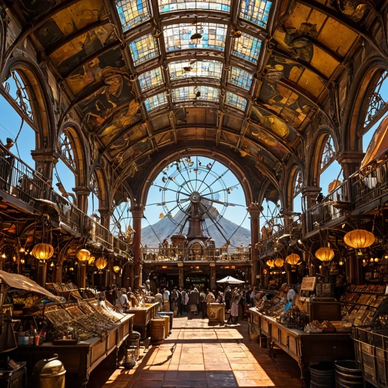 A horizontal, eyelevel medium shot of a bustling, sundrenched market square situated on the deck of a colossal, ancient steampowered airship docked within the caldera of a dormant volcano. The architecture is a vibrant mix of Victorian gothic revival and industrial steampunk, featuring wroughtiron arches, stainedglass windows depicting celestial charts, and brass piping that snakes across the ceiling like metallic vines. The floor is paved with warm, terracotta tiles that reflect the golden midday light filtering through the open sky above the volcanos rim. In the center, a lively scene unfolds with vendors selling exotic goods floating lanterns filled with luminescent fireflies, spools of iridescent silk, and intricate clockwork