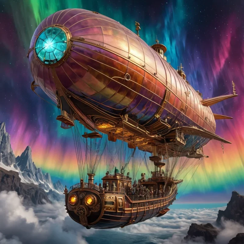 A hyperrealistic, 4K, ultra HD depiction of a surreal, steampunk inspired airship navigating through a vibrant, rainbowcolored aurora in the upper atmosphere of a distant gas giant. The airships intricate, brass and copper mechanisms are etched with intricate, Victorianera patterns that shimmer in the kaleidoscope of prismatic hues. Volumetric lighting from the pulsating, gaseous clouds casts a mesmerizing glow on the diverse, tophatted passengers as they promenade along the deck. Photorealistic, zerogravity schools of iridescent, crystalline particles drift in a surreal ballet above the shimmering, ethereal sea of gas. In the heart of the airship, a towering, steampowered