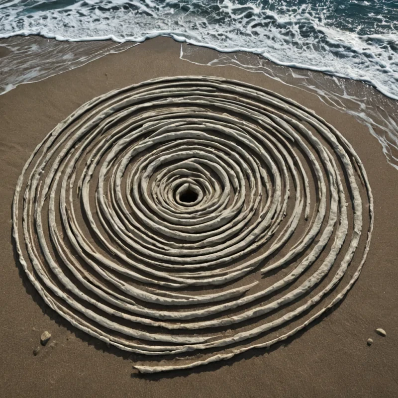 A single, selferoding glyph of solidified wind, shaped like a spiraling, nonEuclidean knot of reversed air and unformed motion, drifts through the center of a vast, inverted ocean composed of the petrified sighs of a civilization that communicated through the duration of synchronized, silent listening to the same unblown breath. The glyph does not disperseit unbreathes, each unraveling loop dissolving a layer of kinetic potential that never coalesced into a shared gust, reforming into ephemeral, lapislazulithreaded afterimages shaped like the negative space between two lungs that never expanded in unison during the same moment of mutual suspension. The ocean is not liquidit is a