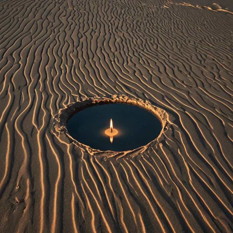 A single, selfreflecting pool of reversed light, shaped like a 7,301dimensional mirror of unformed illumination and inverted radiance, floats at the center of a vast, inverted desert of solidified shadow. Each ripple is spun from the exact moment between a sun rising and its refusal to burn, a candle being lit and dissolving into nonglow, a glance meeting another and collapsing into pure, unmeasured nonvisibility. The pool does not reflectit unreflects, each shimmering distortion shedding a layer of luminous potential that never coalesced into warmth, revelation, or the weight of being seen. As it ripples backward through the infinite dunes of darkness, it leaves behind trails of un
