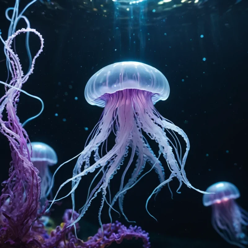 A lone, bioluminescent, jellyfishlike creature swims through the weightless environment of a zerogravity aquarium, its tendrils gracefully floating, hyperrealistic, 8K, cinematic lighting, volumetric lighting, atmospheric effects, dynamic lighting, bokeh effect, soft focus, lens flare, ethereal blues, glowing purples, and iridescent whites, detailed textures.