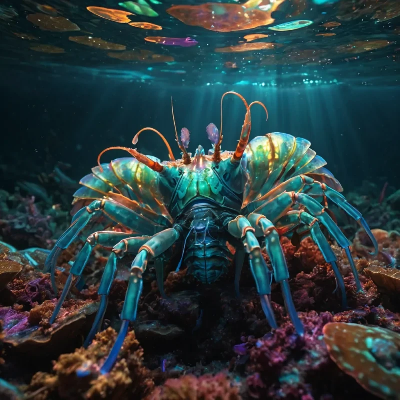 Photorealistic, colossal, diaphanous, mantis shrimp swarm, their hyperrealistic, 4K, iridescent carapaces reflecting ultra HD, kaleidoscopic, aquatic ecosystems. Volumetric lighting from unseen, pulsating, bioluminescent organs etches the swarms ethereal, geometric architecture, casting intricate, dynamic, bioluminescent shadows on the inverted, reflective void. Cinematic lighting bathes the scene in vibrant, otherworldly hues, with lens flare emphasizing the swarms central, radiant, throbbing, diaphanous heart, pulsating with captive, artificial, bioluminescent energy.
