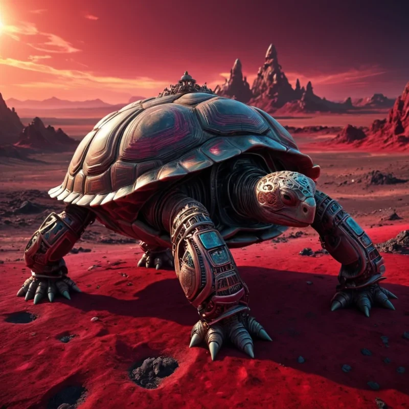 A lone, sentient, colossal, mechanical tortoise, traversing a desolate, alien, crimson landscape, its metallic shell adorned with intricate, bioluminescent, fractal patterns, casting a dynamic, ethereal shadow under cinematic lighting, captured in Ultra HD with vibrant colors.