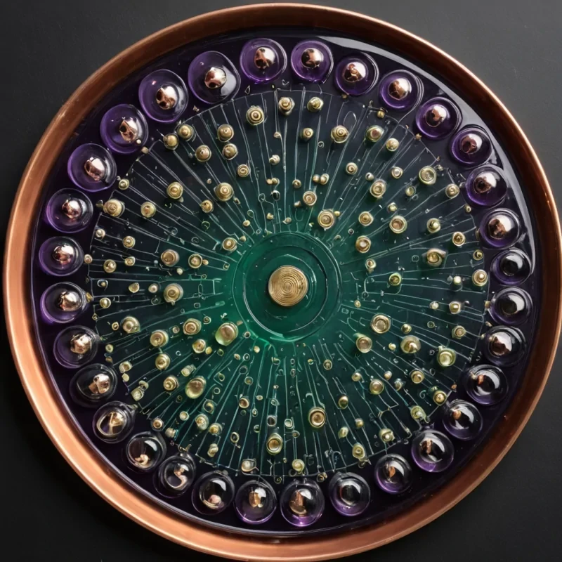 A topdown, overhead photograph of a vast, circular platter made of brushed, matte titanium, resting on a seamless, deep black void. The platter is filled with a dense, viscous, dark purple gel that contains thousands of perfectly preserved, miniature glass bells, each suspended at different depths and sizes. The bells are not ringing, but are instead emitting a faint, visual hum represented by concentric rings of pale, ethereal green light that ripple outward from their bases into the gel. Scattered across the surface of the gel are several large, irregular shards of clear, crystalline quartz, each embedded with a tiny, intricate circuit board made of gold leaf and copper wire. The lighting is soft and even, highlighting the transparency of the