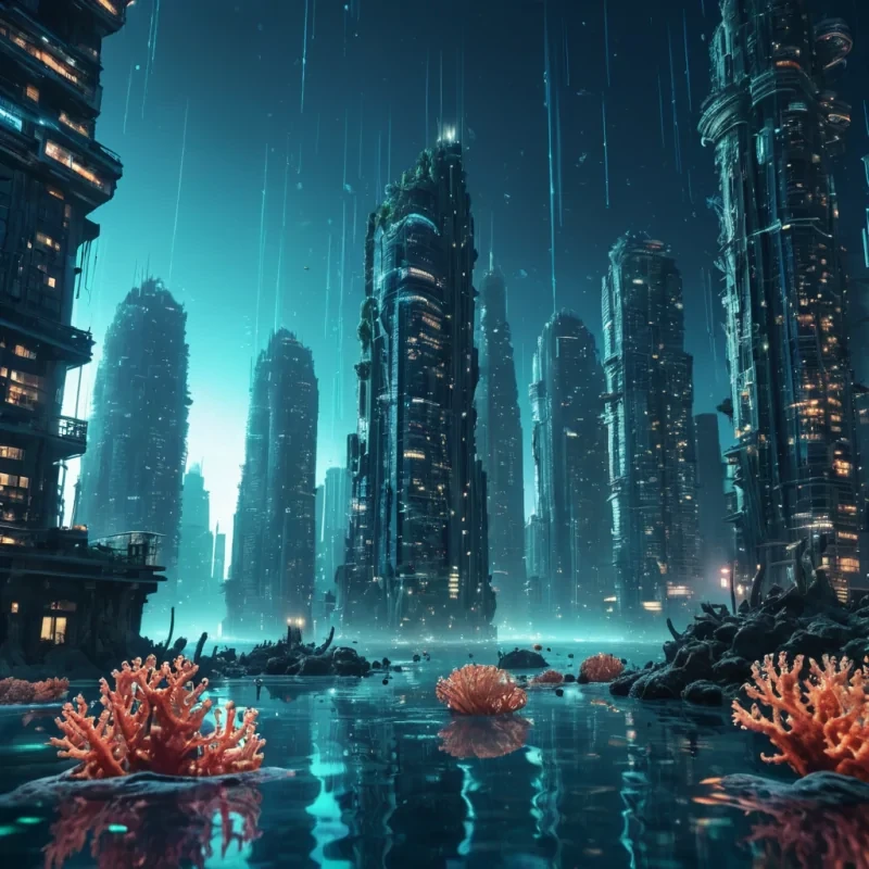 A futuristic, submerged city where bioluminescent corals illuminate underwater skyscrapers, photorealistic, ultra HD, cinematic lighting, volumetric lighting, atmospheric effects, dynamic lighting, bokeh effect, soft focus, lens flare, vibrant colors, detailed textures.