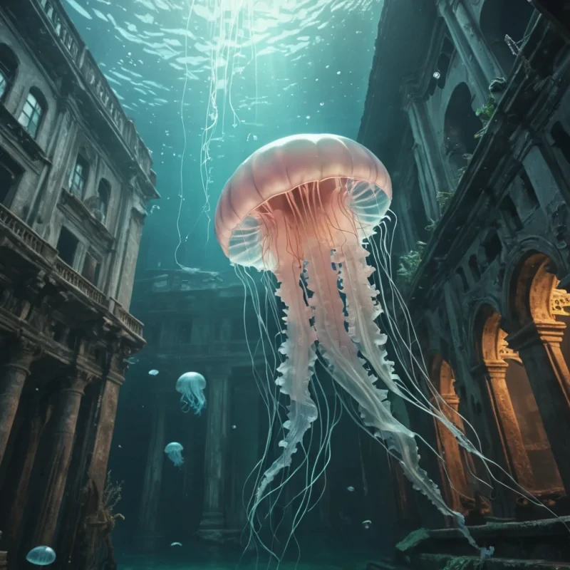 A melancholic, luminescent jellyfish drifting through an underwater cityscape, its tendrils illuminating ancient, sunken architecture, hyperrealistic, 4K, cinematic lighting, volumetric lighting, atmospheric effects, soft focus, pastel tones, detailed textures.