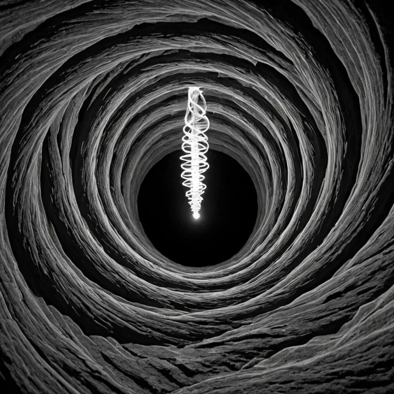 A single, selfilluminating filament of reversed light, shaped like a 29dimensional helix of unformed photons and inverted refraction, drifts through the center of a vast, inverted void of solidified darknesseach shadow carved from the petrified instant between a glance and its misdirection, a thought and its suppression, a spark and its containment in a universe where visibility was not achieved through emission, but through the precise, suspended negation of all that could be seen. The filament does not glowit unshines, each spiraling strand shedding a layer of luminous potential that never coalesced into a shared spectrum, reforming into ephemeral, amethystthreaded afterimages shaped like the negative space between