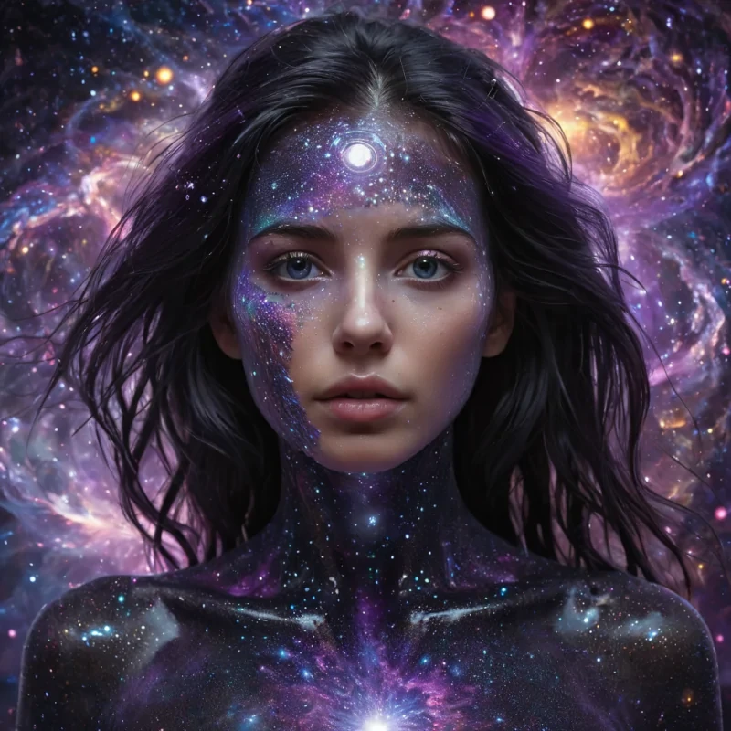 A hyperrealistic, 4K, ultra HD portrait of a quantum artist, her iridescent skin shimmering with the colors of a collapsing black hole. The artists eyes, a deep, enigmatic violet, hold the secrets of the multiverse. Her hair, a cascade of shimmering, quantum particles, gently pulses with each beat of her cosmic heart. The background is a surreal, interdimensional landscape of swirling galaxies and floating fractals, with the distant hum of cosmic phenomena and the soft glow of quantum entanglement casting an ethereal ambiance. Cinematic lighting accentuates the artists otherworldly beauty, while a subtle bokeh effect blurs the cosmic realm, creating an intimate, focused atmosphere.
