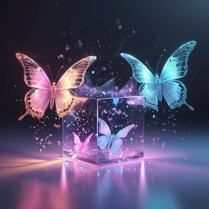 Hyperrealistic neon butterflies with reflective metallic wings fluttering in a cubic prism filled with glowing mist, holographic particles floating in volumetric lighting, dynamic shadows, soft focus, pastel tones, 4K