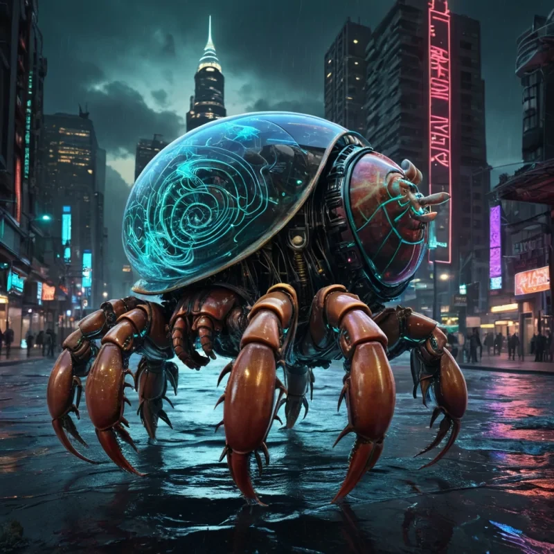 A colossal, ancient, mechanical hermit crab, its metallic shell adorned with intricate, pulsating neon circuits, emerges from a stormy, obsidian sea, leaving a trail of iridescent, otherworldly waves. Within its transparent, bioluminescent body, a labyrinthine, neonlit cityscape sprawls, its towering, glass spires casting ephemeral shadows on the citys sentient, robotic inhabitants. Rendered in ultra HD, with dynamic lighting, atmospheric effects, and vibrant colors, evoking a sense of awe and wonder at this aquatic, otherworldly marvel.