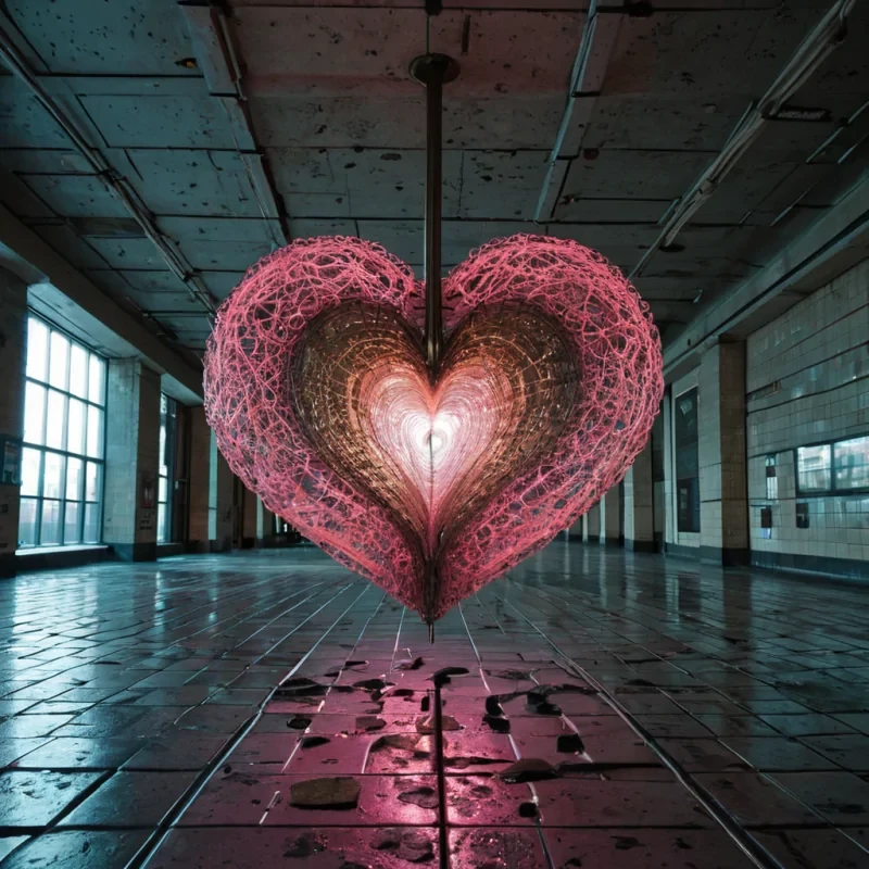 A photorealistic, lowangle shot of a sprawling, abandoned subway station where the tiled walls have been replaced by massive, vertical panels of living, breathing coral in shades of neon pink and electric blue, slowly undulating with the rhythm of an invisible current. The floor is a shallow pool of clear water reflecting a ceiling constructed from thousands of suspended, translucent hexagonal glass tiles, each containing a tiny, floating bubble of air that glows with a soft, warm white light. In the center of the platform stands a lone, intricate sculpture made entirely of interlocking, rusted brass gears and delicate strands of spun silver wire, forming the shape of a human heart with its apex split open to reveal a swirling vortex of golden mist. The lighting is