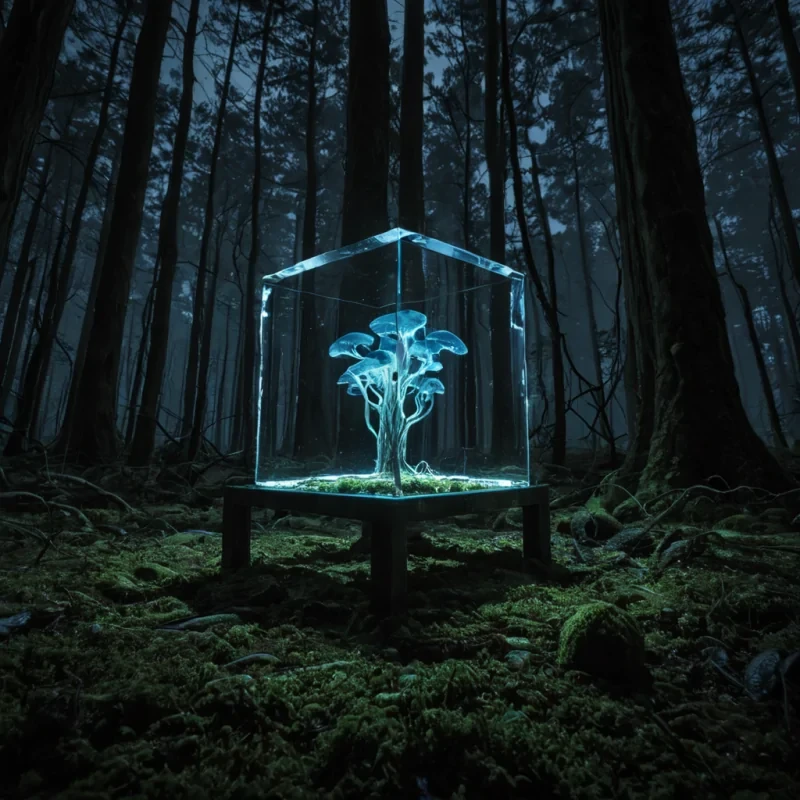 A photorealistic, lowangle shot from inside a dense, bioluminescent fungal forest on a moonless night. The trees are not woody but composed of towering, translucent, ribbed chitin columns that pulse with a slow, deep indigo rhythm. The ground is a seamless, soft carpet of moss that glows in faint shades of pale green. In the center of the frame, a single, perfectly geometric, floating cube made of polished obsidian hovers three feet above the ground, rotating slowly. The cube is transparent, revealing a complex, frozen storm of silver lightning trapped inside its core. The lighting is dominated by the cool, ethereal glow of the fungi and the sharp, electric flash from within the cube