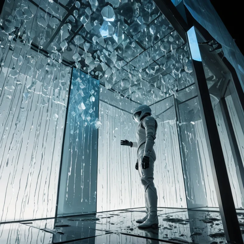 A macro, eyelevel perspective of a delicate, ephemeral pavilion constructed entirely from thin, translucent sheets of blown glass and suspended droplets of water, floating in a vacuum of deep, starless void. The structure is anchored by a central, spiraling column of polished obsidian that emits a faint, pulsing azure light, illuminating the intricate, lacelike patterns formed by the condensation on the glass walls. In the foreground, a figure wearing a sleek, white pressure suit with a reflective, mirrorlike visor floats gently, their gloved hand extended towards a cluster of floating, crystalline geometric shapes that resemble shattered diamonds. The lighting is minimal and dramatic, with sharp, highcontrast shadows cast by the glass panels, creating