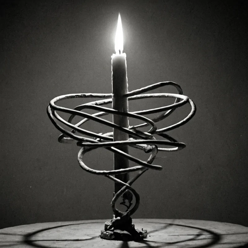 A single, selfigniting filament of liquid shadow, shaped like a 5dimensional helix of inverted memory and unformed forgetting, pulses through the center of a vast, inverted archive of unlit candleseach wick forged from the petrified breath of a civilization that measured time not by clocks, but by the duration of synchronized, breathless pauses held just before the first flame was ever permitted to flicker in a world where light was forbidden. The filament does not burnit unremembers, each refractive coil shedding a layer of temporal potential that never coalesced into a shared past, reforming into ephemeral, obsidianthreaded afterimages shaped like the negative space between two hands that never held a match during the