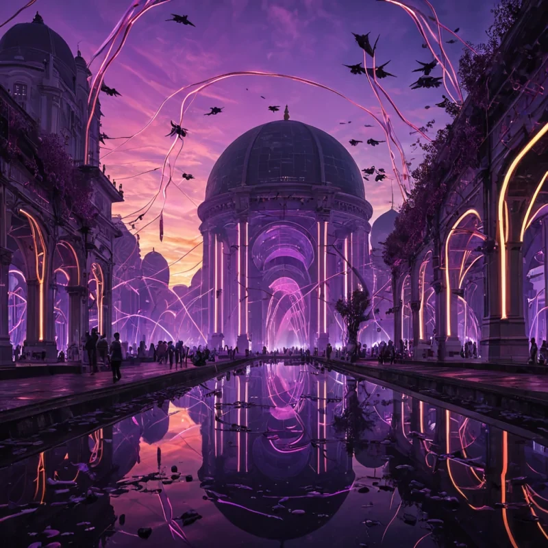 A futuristic megalopolis stretches endlessly under a lavender sky streaked with wisps of neon clouds. Smoky silhouettes of towering domed skyscrapers reflect rippling light in mirrored pools, where slender, chrometextured pathways extend like branching veins. A sleek, crimson glider with translucent wings drifts gracefully between the structures, casting dynamic shadows that dance beneath its path. Below, a bustling marketplace unfolds, its stalls adorned with bioluminescent vines that glow with vibrant hues of sapphire and amber. The air buzzes with the motion of neonlit drones zipping between shapes and colors, while vivid pastel ribbons swing through the wind, catching the volumetric light scattered by floating harvest bells. In the distance,
