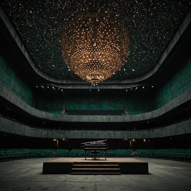 A hyperrealistic, eyelevel medium shot of a minimalist, brutalist concert hall interior where the walls are clad in deep, matte charcoal concrete, absorbing all ambient noise. The stage is a raised platform of roughhewn, raw copper that oxidizes to a vibrant verdigris green at the edges. Suspended above the stage is not a lighting rig, but a massive, intricate chandelier made entirely of thousands of suspended, vintage brass telescope lenses of varying sizes, arranged in a chaotic yet harmonious cluster. Through each lens, a different, highresolution image of a distant galaxy is projected onto the floor below, creating a mosaic of starry night skies that shifts as the lenses rotate. A solitary musician in a sleek, monochromatic