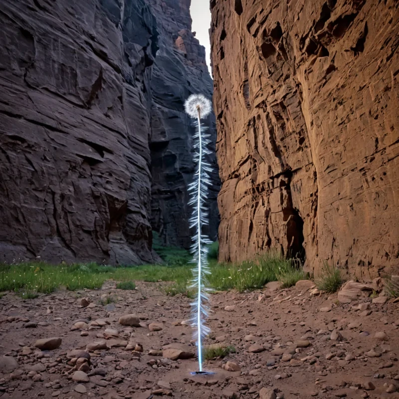 A single, selferoding column of solidified wind stands at the center of a vast, still canyon carved not by rivers, but by the absence of sound in a world where silence is a physical force. The column does not decayit unbreathes, each fissure releasing a slow, reverse current of air that once carried unspoken names, their phonemes reforming into translucent, crystalline letters that float like dandelion seeds in a vacuum. The canyon is not rockit is a layered expanse of petrified wind currents, each stratum etched with the thermal residue of a whisper that never reached an ear, its walls glowing with the faint, bioluminescent afterimage of a voice that was never meant