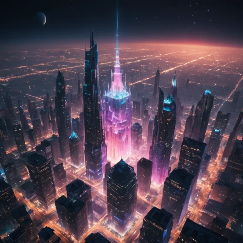 Photorealistic, colossal, levitating, nebulakissed, glassblown cityscape, its intricate, hyperrealistic, 4K structures cascading in ultra HD, casting dynamic, angular shadows on the mirrored, geometric surface of an infinite, stardustfilled void. Volumetric lighting accentuates the citys ethereal, lanternlit towers, while atmospheric effects create a mesmerizing, interstellar haze. Soft focus and lens flare emphasize the citys central, radiant, lotuslike, glassbell tower, as vibrant, neon colors shift and shimmer within its pulsating, bioluminescent heart.