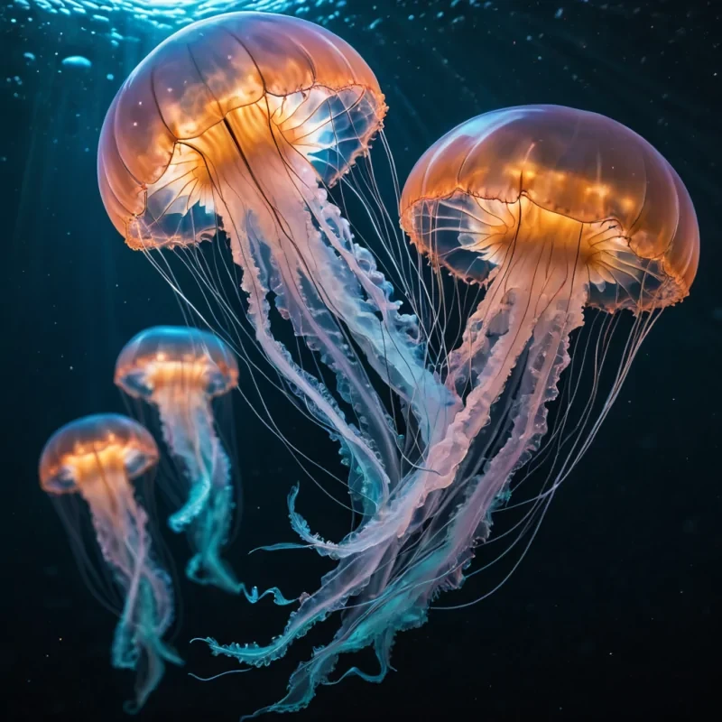 Photorealistic, colossal, undulating jellyfish swarm, their translucent, bioluminescent forms pulsating in ultra HD, casting dynamic, ethereal shadows on the mirrored, geometric surface of an infinite, starlit void. Volumetric lighting accentuates the swarms intricate, otherworldly patterns, while atmospheric effects create a mesmerizing, nebulalike haze. Soft focus and lens flare emphasize the jellyfishs graceful, pulsating dance, as vibrant colors shift and shimmer in this surreal, alien ballet.