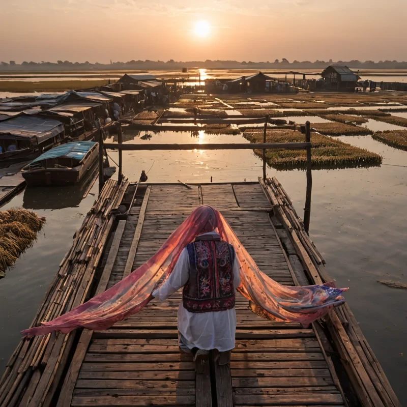 A horizontal, eyelevel medium shot of a vibrant, openair textile market located on the upper deck of a colossal, floating barge drifting through a dense, pinkhued salt marsh at dawn. The scene is filled with hundreds of suspended canopies made from translucent, woven reeds that filter the soft, warm sunlight into dappled patterns on the weathered wooden floor. In the center, a merchant with freckled skin and wearing a brightly embroidered, indigodyed vest over a simple white shirt carefully adjusts a rack of flowing, iridescent silk scarves that ripple in the gentle breeze. The background features a misty expanse of still water reflecting the pale orange sky, with distant silhouettes of other floating structures barely