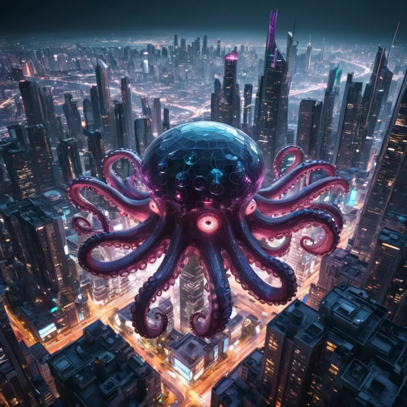 Photorealistic, colossal, crystalline, levitating, octopus cityscape, its hyperrealistic, 4K, geometric structures revealing ultra HD glimpses of a bustling, neonlit, cyberpunk metropolis within. Volumetric lighting from unseen, pulsating, cybernetic cores etches the citys ethereal, fractal towers, casting intricate, dynamic, neondrenched shadows on the inverted, reflective void. Cinematic lighting bathes the scene in vibrant, electric hues, with lens flare emphasizing the citys central, radiant, throbbing, octopus heart, pulsating with captive, artificial intelligence.