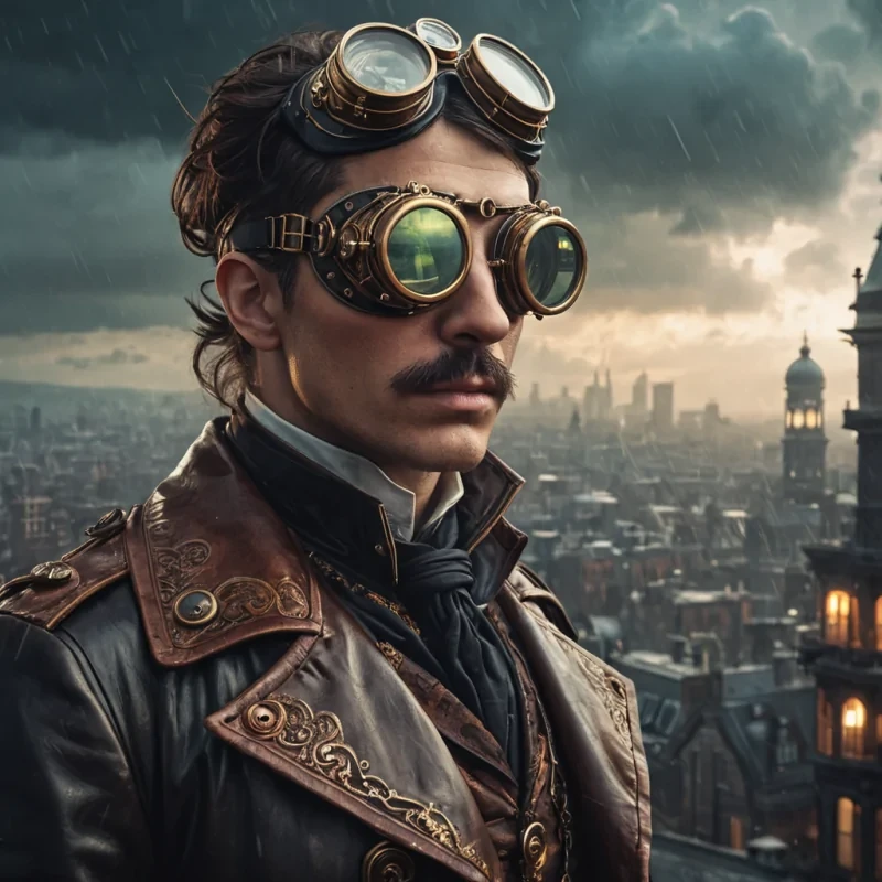A cinematic, photorealistic portrait of a steampunk airship captain, their goggles reflecting a stormy, neonlit sky, with intricate, detailed textures on their leather attire, and a bustling, foggy Victorian city sprawling in the background, 4K, cinematic lighting.