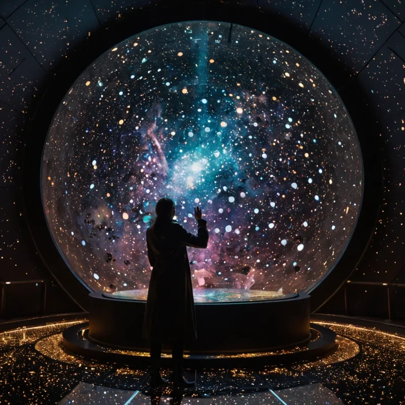 A horizontal, eyelevel medium shot of a silent, subterranean observatory carved from smooth, matteblack basalt, where the floor is a reflective pool of dark, still oil that mirrors the ceiling. The ceiling is a vast, spherical dome constructed from thousands of tiny, hexagonal mirrors, each angled to reflect a different, static frame of a cosmic nebula, creating a fragmented, mosaiclike view of deep space. In the center, a figure wearing a highcollared coat of iridescent, oilslick fabric stands before a console made of translucent, ambercolored resin, their hands gently manipulating holographic star charts that float in the air as swirling ribbons of golden light. The atmosphere is heavy with a fine mist of