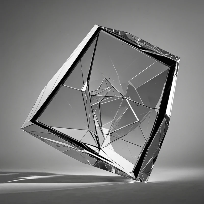 A single, selfreflecting shard of reversed geometry, shaped like a 73dimensional polyhedron of unformed symmetry and inverted proportion, hovers at the center of a vast, inverted observatory of solidified asymmetryeach cracked mirror pane carved from the exact moment between a line being drawn and its refusal to extend, an angle forming and dissolving into nonstructural void, a shape rotating and collapsing into pure, unmeasured imbalance. The shard does not mirrorit unmirrors, each fracturing facet shedding a layer of spatial potential that never coalesced into a shared form, reforming into ephemeral, chromeveined afterimages shaped like the negative space between two hands that never aligned in perfect congru