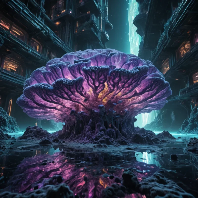 Photorealistic, colossal, undulating, amethyst, brain coral metropolis, its hyperrealistic, 4K, convoluted structures revealing ultra HD glimpses of a pulsating, bioluminescent, alien world within. Volumetric lighting from unseen, pulsating, bioluminescent sources etches the citys ethereal, fractal towers, casting intricate, dynamic, cybernetic shadows on the mirrored, iridescent void. Cinematic lighting bathes the scene in vibrant, otherworldly hues, with lens flare emphasizing the citys central, radiant, throbbing, brain coral heart, pulsating with captive, alien, cybernetic energy.
