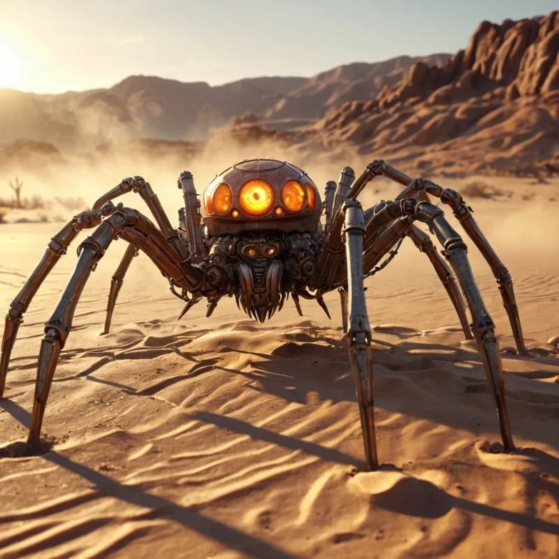 A colossal, mechanical spider crawling across a desert landscape, its legs leaving trails of glowing, molten sand, hyperrealistic, 4K, cinematic lighting, volumetric lighting, atmospheric effects, dynamic lighting, bokeh effect, soft focus, lens flare, warm oranges and yellows, detailed textures.