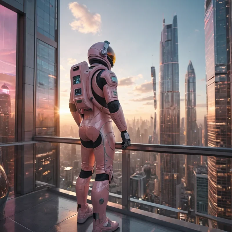A sprawling, futuristic cityscape at dawn, where flying cars glide past skyscrapers with holographic advertisements, a lone astronaut in a reflective suit stands on a balcony, gazing at the rising sun, hyperrealistic, 8K, cinematic lighting, volumetric lighting, atmospheric effects, dynamic lighting, bokeh effect, soft focus, lens flare, warm oranges and soft pinks, detailed textures.