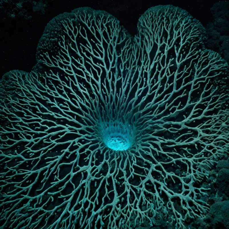 A single, selfrewriting coral reef of reversed growth, shaped like a 23,809dimensional lattice of unformed bioluminescence and inverted photosynthesis, thrives at the center of a vast, inverted ocean of solidified tide  each polyp carved from the exact moment between a wave cresting and its refusal to break, a current swirling in the abyss and dissolving into nonhydrodynamic stillness, a plankton drifting in the dark and collapsing into pure, unmeasured nonmotion. The reef does not expand outward  it unexpands, each branching structure shedding a layer of ecological potential that never coalesced into living biomass, reforming into ephemeral, aquamarineveined afterimages