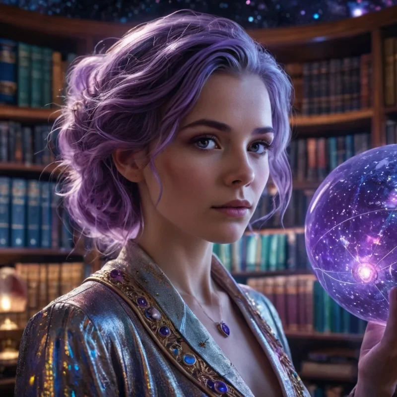 A hyperrealistic, 4K, ultra HD portrait of a celestial librarian, her iridescent skin shimmering with the colors of a neondrenched star map at night. The librarians eyes, a deep, enigmatic amethyst, hold the secrets of a thousand cosmic tomes. Her hair, a cascade of shimmering, holographic constellations, gently pulses with each beat of her astral heart. The background is a surreal, hightech observatory filled with floating quantum telescopes and the soft glow of spectrometers. Cinematic lighting accentuates the librarians otherworldly beauty, while a subtle bokeh effect blurs the neonlit cosmos, creating an intimate, focused atmosphere.