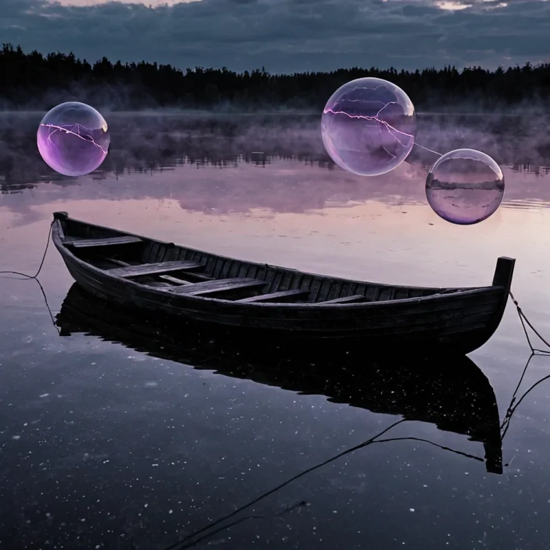 A mediumshot, eyelevel view of a solitary, weathered wooden rowboat drifting in a calm, obsidianblack lake at twilight. The boat is constructed from dark, charred oak, its planks glowing with faint, residual heat that emits thin wisps of pale blue smoke. Inside the hull, instead of water, sits a deep, still pool of liquid velvet that perfectly mirrors the sky above. Suspended over the boat, tethered by thin, invisible threads, are three large, translucent spheres made of stretched, iridescent soap film, each enclosing a different, miniature, suspended storm systemone with electric violet lightning, one with swirling silver mist, and one with gentle, falling golden leaflike particles. The background is a seamless