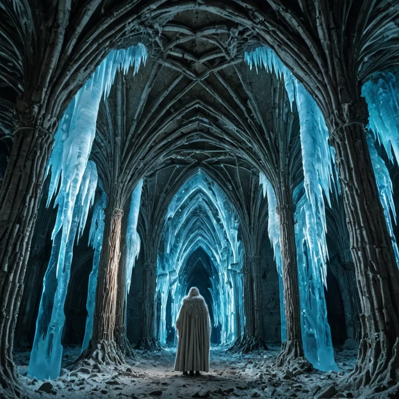 A horizontal, eyelevel wide shot of a colossal, subterranean cathedral constructed entirely from massive, interlocking blocks of translucent, frosted blue ice, illuminated from within by the soft, pulsating glow of bioluminescent moss clinging to the roughhewn surfaces. The architecture features soaring, jagged arches that mimic the chaotic growth patterns of coral reefs, creating a labyrinthine nave filled with suspended, crystalline chandeliers that drip slowmoving liquid light. In the foreground, a solemn keeper with skin the texture of smooth, pale birch bark and wearing a heavy, insulated cloak woven from gray wool and lined with soft, white fur stands on a narrow, carved stone ledge. They are gently holding a lantern made of hollowed
