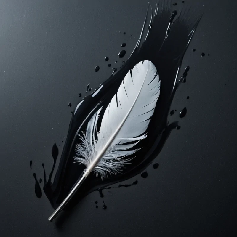 A hyperrealistic, topdown macro shot of a single, pristine, white feather floating on a surface of black, glossy liquid wax that is in the process of slowly solidifying around its edges, creating sharp, jagged ripples. The feather is not organic its barbs are composed of ultrathin, flexible sheets of transparent, flexible sapphire that refract the ambient light into a spectrum of cool, icy blues and sharp whites. The quill at the base of the feather is a solid rod of matte, dark charcoal, seamlessly fused with the wax. The lighting is harsh and direct from above, casting deep, dramatic shadows in the ripples of the wax, while the sapphire barbs emit a faint, internal lumines