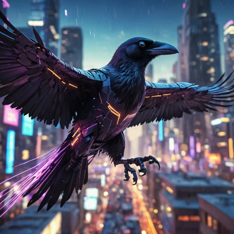 A neondrenched cybernetic raven soaring through a neondrenched, futuristic cityscape at dusk, its eyes glowing with data streams, hyperrealistic, ultra HD, cinematic lighting, volumetric lighting, atmospheric effects, dynamic lighting, bokeh effect, soft focus, lens flare, vibrant colors, detailed textures.