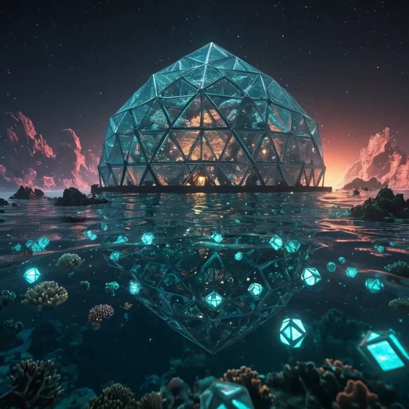 Photorealistic, titanic, geodesic, coral reef metropolis, its hyperrealistic, 4K, glistening, polyhedral structures ascending ultra HD, bioluminescent, underwater ecosystems. Volumetric lighting from unseen, pulsating, bioluminescent cores etches the citys ethereal, geometric architecture, casting intricate, dynamic, bioluminescent shadows on the inverted, reflective void. Cinematic lighting bathes the scene in vibrant, otherworldly hues, with lens flare emphasizing the citys central, radiant, throbbing, geodesic heart, pulsating with captive, artificial, bioluminescent energy.