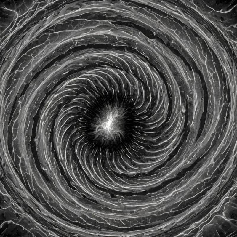 A single, selfsustaining vortex of liquid geometry spins in the center of a vast, still void composed entirely of compressed, fossilized silence, its surface not fluid but tessellated, each facet a perfect, impossible polygon that refracts not light, but the emotional residue of a decision made in perfect stillness. The vortex does not rotateit unfolds, revealing not depth, but a new dimension of meaning with each rotation, its edges glowing faintly with the thermal afterimage of a handshake that never occurred. The void beneath is not emptyit is a thick, viscous layer of solidified breath, its surface cracked in perfect, nonEuclidean patterns that mirror the frequency of a heartbeat that never formed. Above,